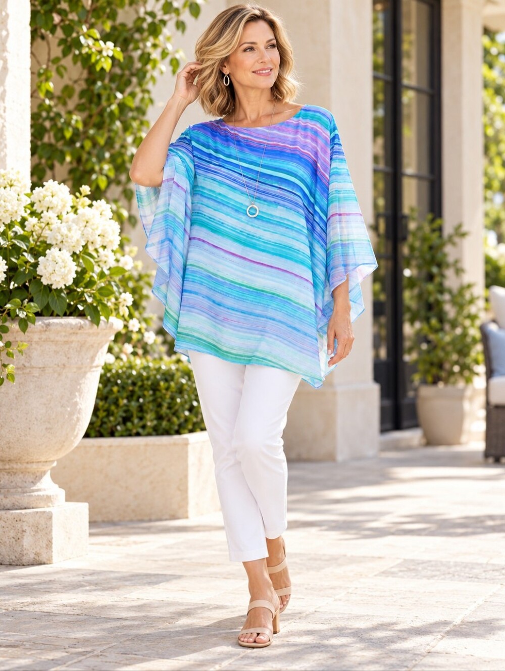Chico’s Watercolor Stripe Poncho Tunic Blouse Size 2P Petite